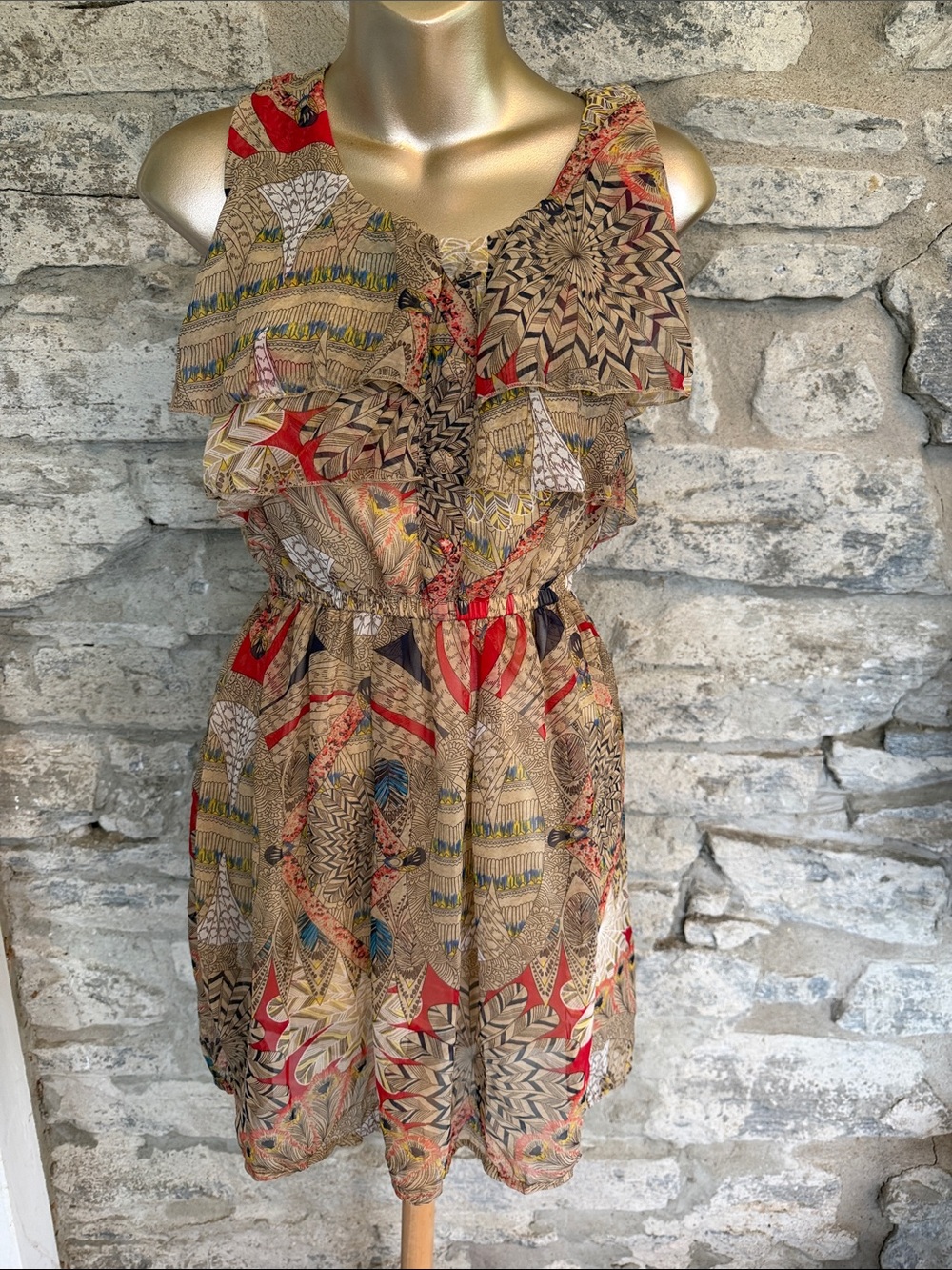 Maya Beige Patterned Mini Dress with Red Accents